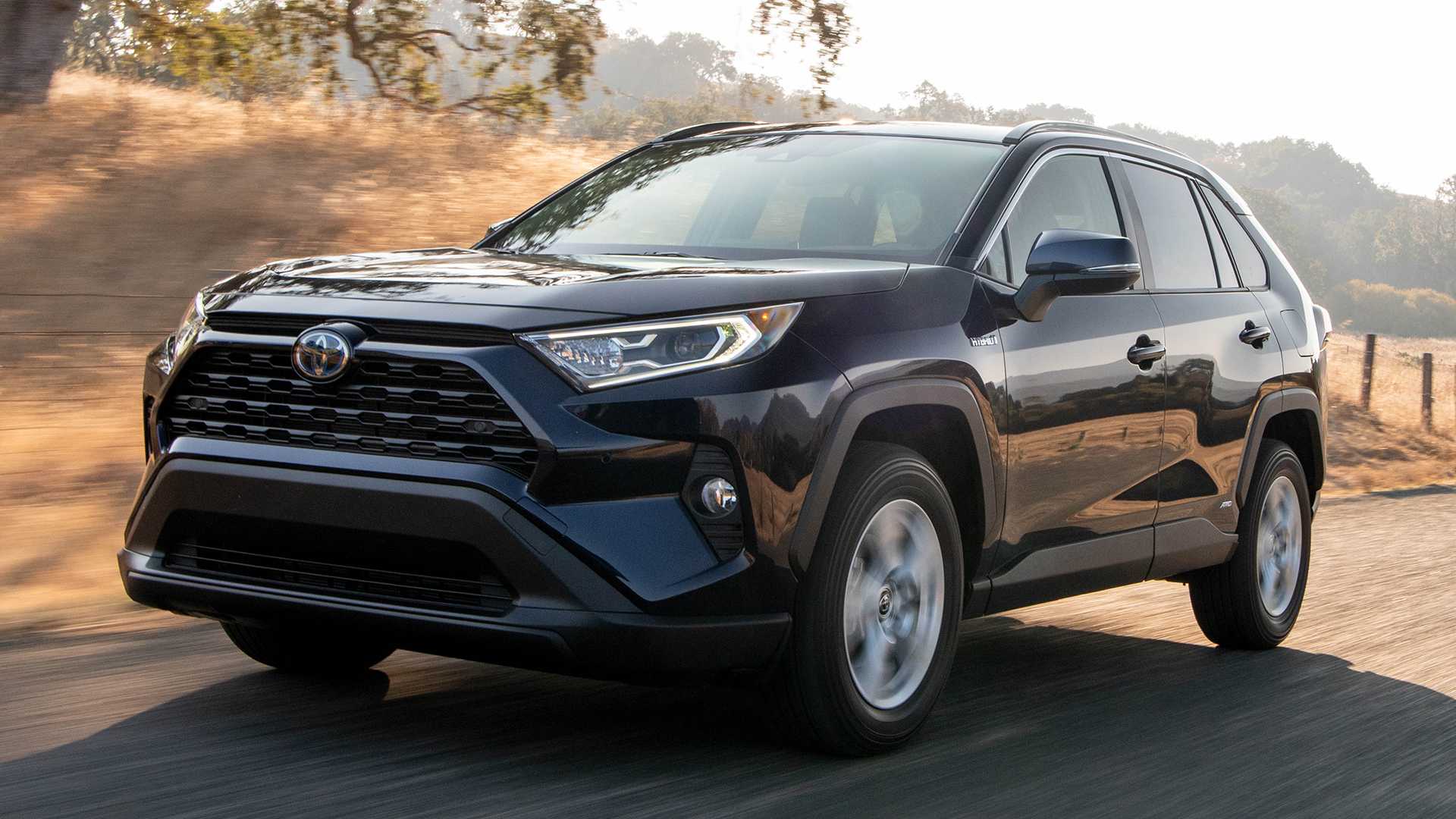 Image of a dark blue 2019 Toyota RAV4 driving on a country road.