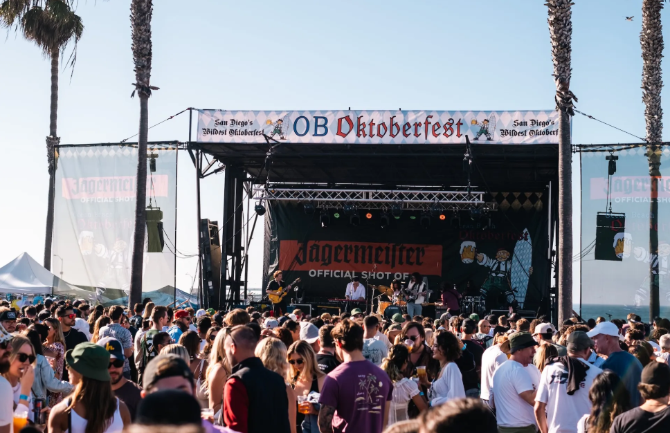 Outdoor Oktoberfest crowd watching live music on stage
