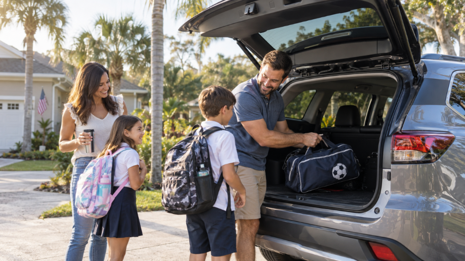 Family loading bags into SUV cargo area